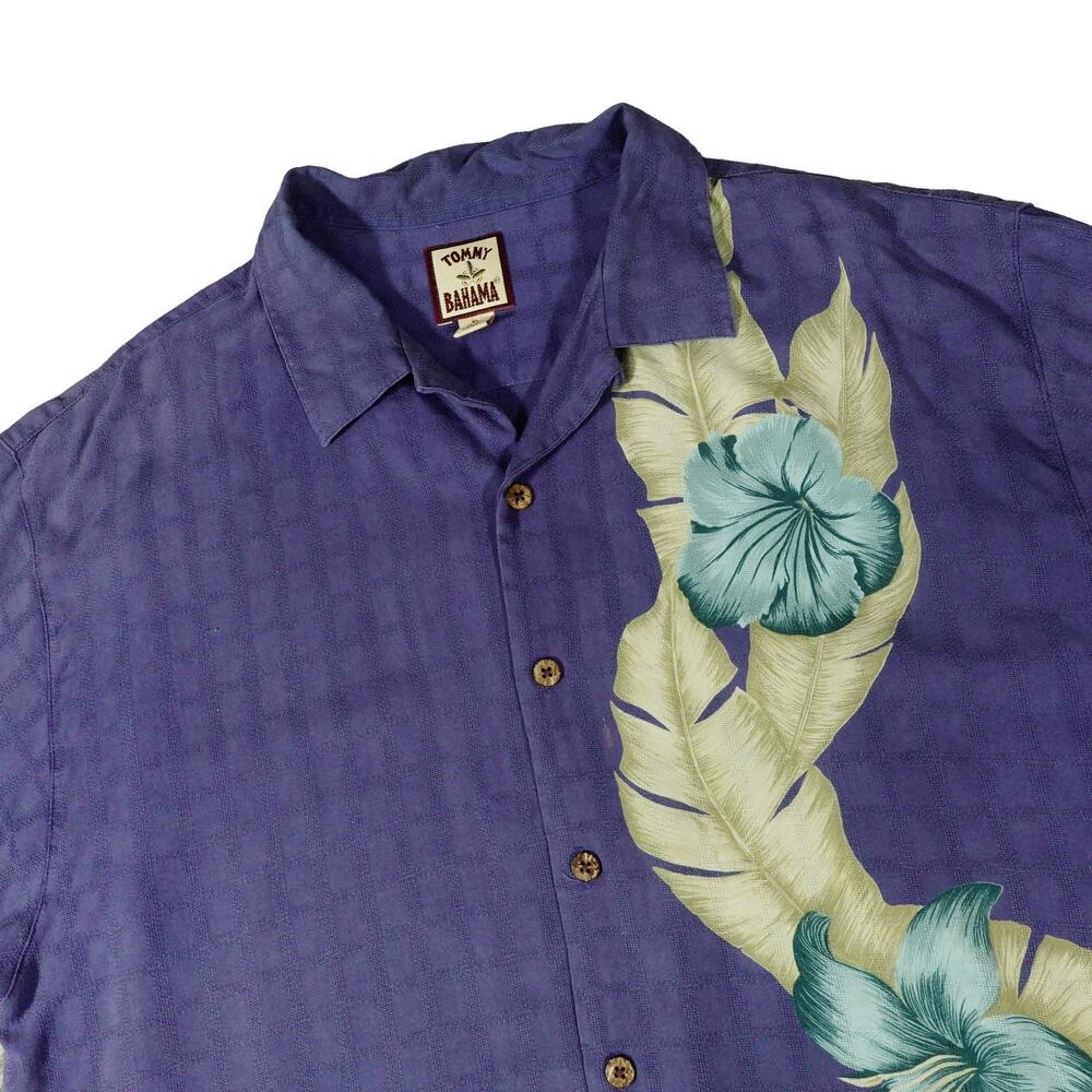Tommy Bahama Vintage Silk Blue Floral Leaf Hawaiian Button Up Camp Shirt XL